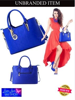 Electric Blue & Gold Tone Detailing Leather Satchel Tote Shoulder Bag, NWOT